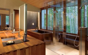 Un baño rústico: cobre o bronce, tonos claros y revestimientos en terracotas