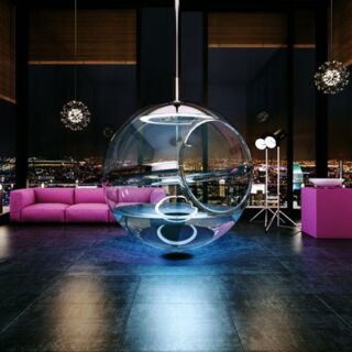 Una bañera de cristal que cuelga en el salón