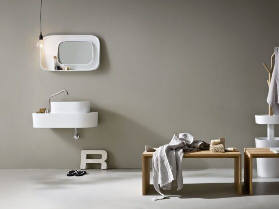 Corian y madera en una colección de baño inspirada en Japón