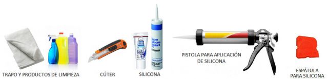 Lista de elemnotos para cambiar la silicona, trapos y productos de limpieza, cúter, silicona, pistola de silicona y espatula de silicona
