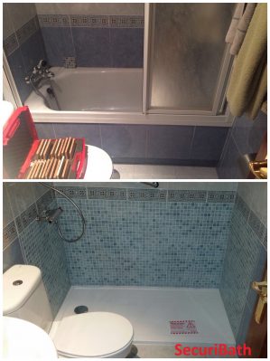 antes y despues de un cambio de bañera por ducha y como queda el nuevo alicatado hasta la altura del grifo