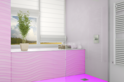 baño de Securibath con una muestra de como quedaria un baño combinado con el nuevo plato de ducha del color de Barbie