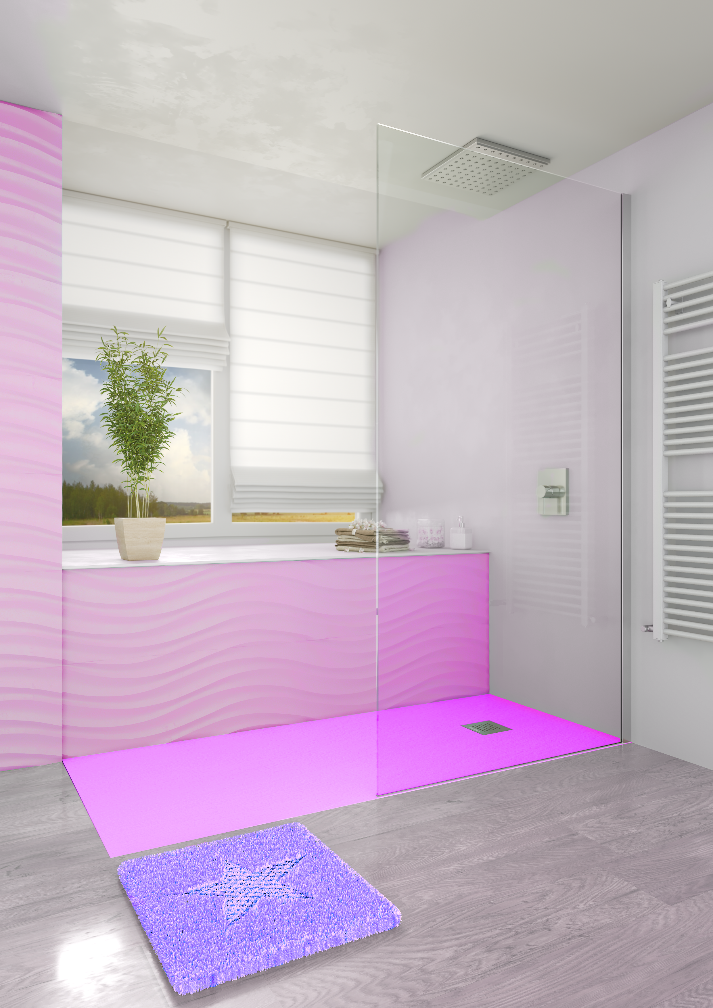 baño de Securibath con una muestra de como quedaria un baño combinado con el nuevo plato de ducha del color de Barbie