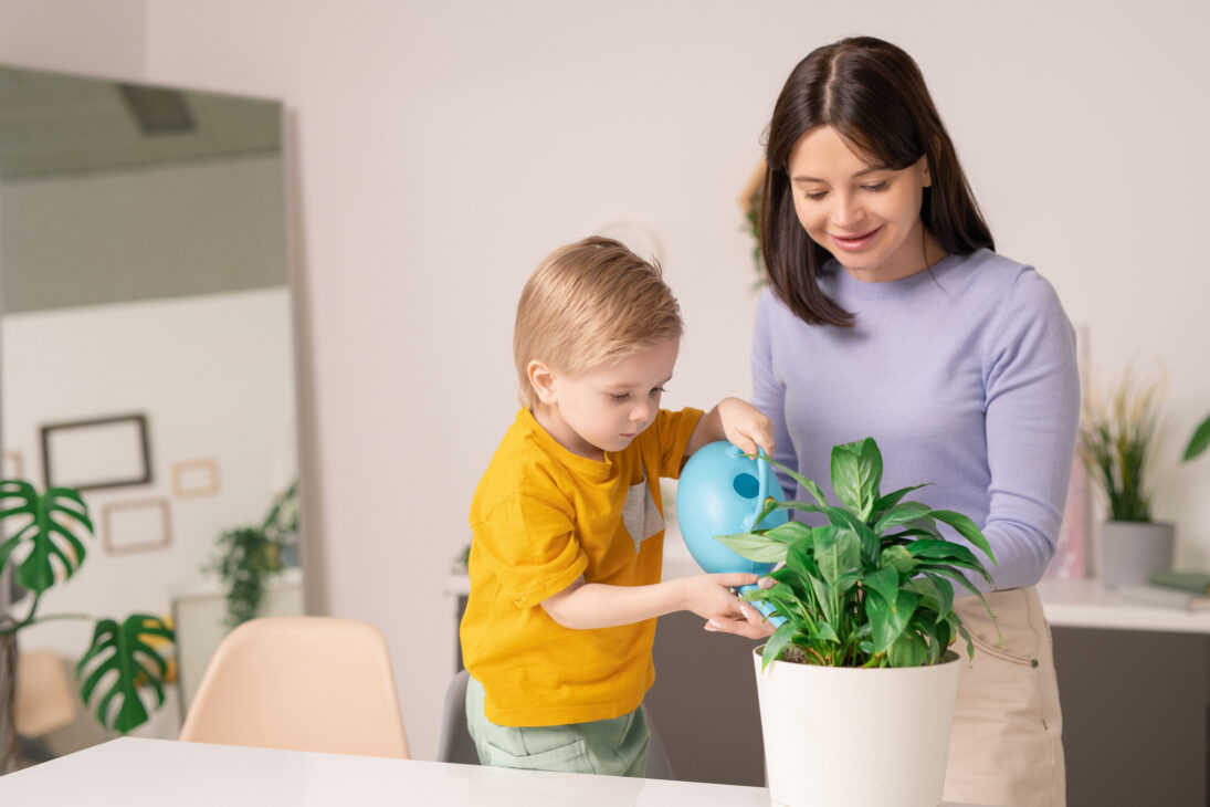 Niño riega planta con su madre